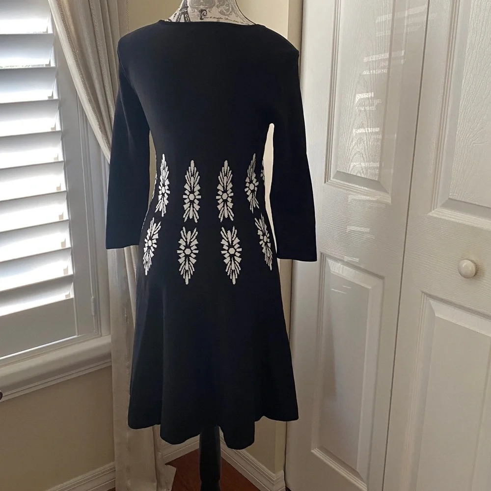 Eliza J Black Fit & Flare Dress 3/4 Sleeve Embellished Waist Knit Small Petite - Picture 8 of 10